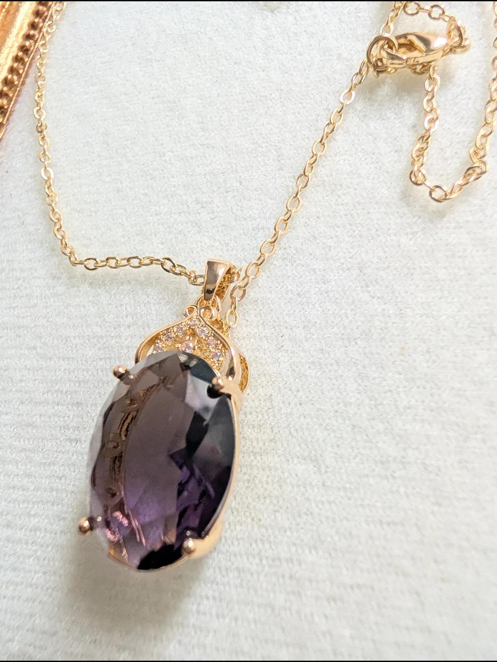 Gold Pendant Necklace with Deep Purple Oval Glass Gemstone - Picture 7 of 10